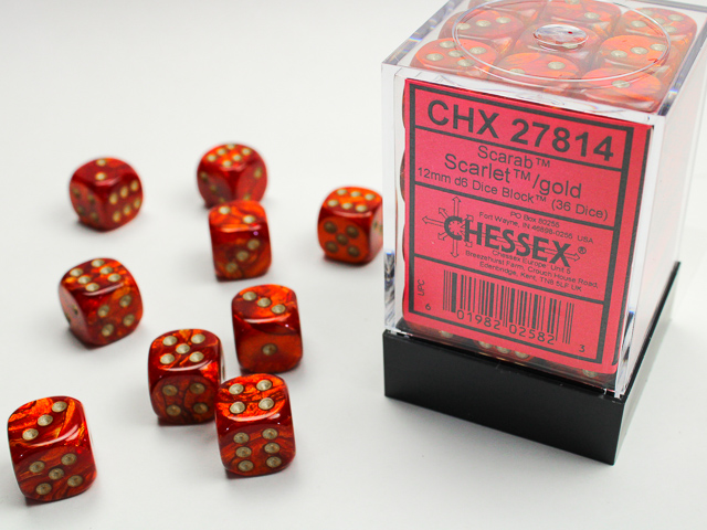 Dice: Chessex - Scarab - 12mm D6 (x36) - Scarlet/gold