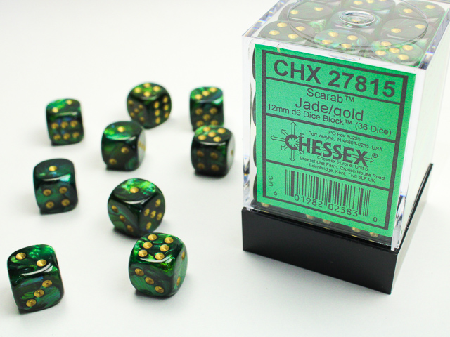 Dice: Chessex - Scarab - 12mm D6 (x36) - Jade/gold