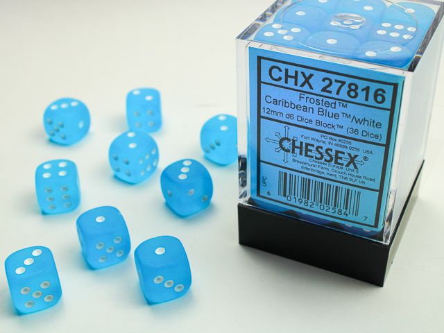 Dice: Chessex - Frosted - 12mm D6 (x36) - Caribbean Blue/white