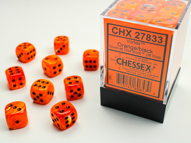 Dice: Chessex - Vortex - 12mm D6 (x36) - Orange/black