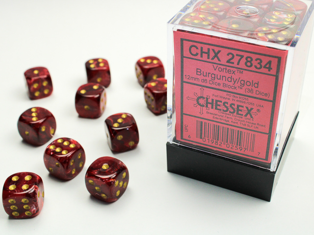 Dice: Chessex - Vortex - 12mm D6 (x36) - Burgundy/gold
