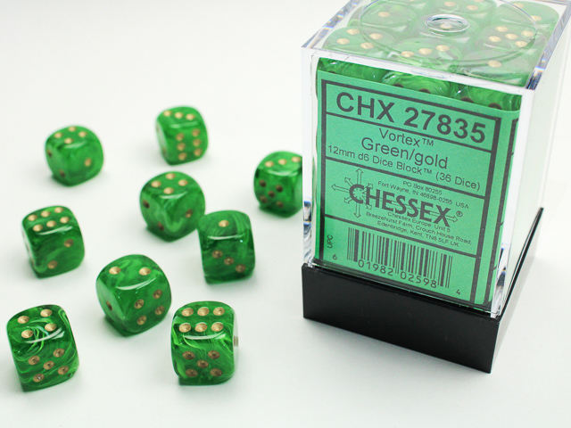 Dice: Chessex - Vortex - 12mm D6 (x36) - Green/gold