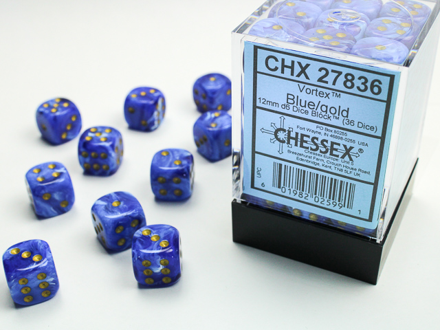 Dice: Chessex - Vortex - 12mm D6 (x36) - Blue/gold