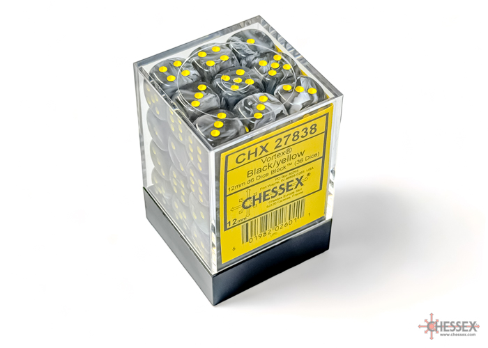 Dice: Chessex - Vortex - 12mm D6 (x36) - Black/yellow