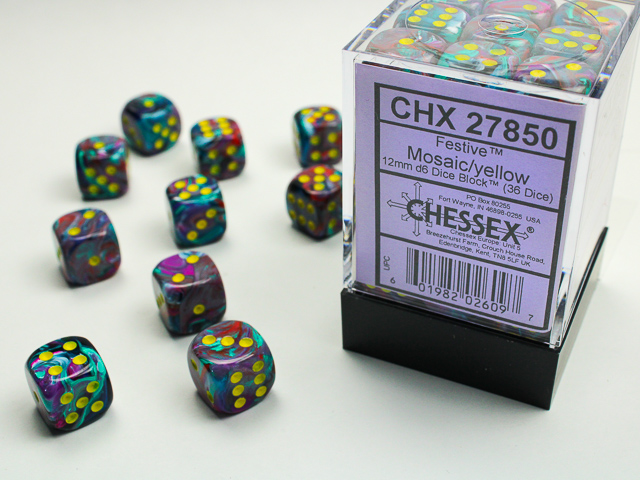 Dice: Chessex - Festive - 12mm D6 (x36) - Mosaic/yellow