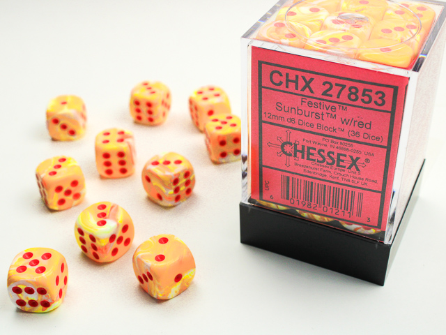 Dice: Chessex - Festive - 12mm D6 (x36) - Sunburst/red