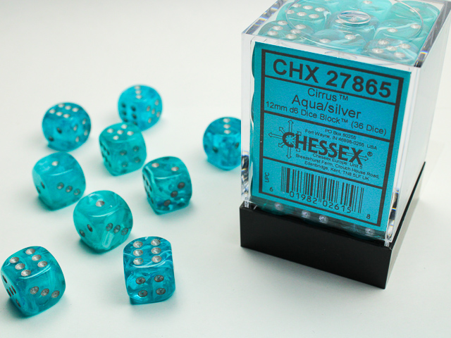 Dice: Chessex - Cirrus - 12mm D6 (x36) - Aqua/silver