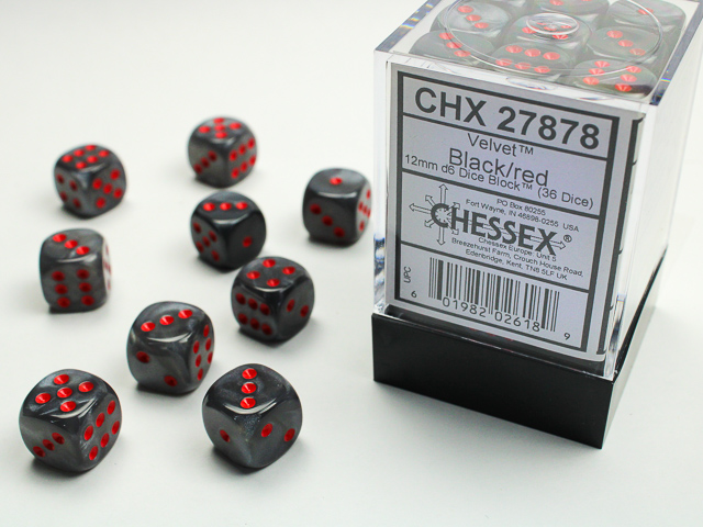 Dice: Chessex - Velvet - 12mm D6 (x36) - Black/red