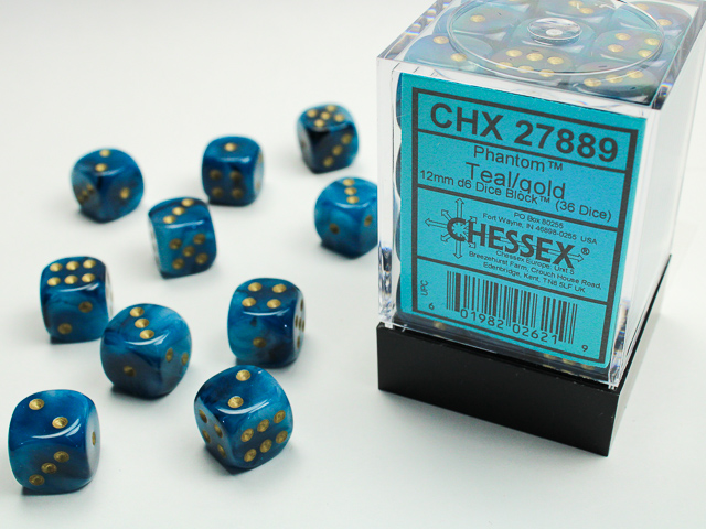 Dice: Chessex - Phantom - 12mm D6 (x36) - Teal/gold
