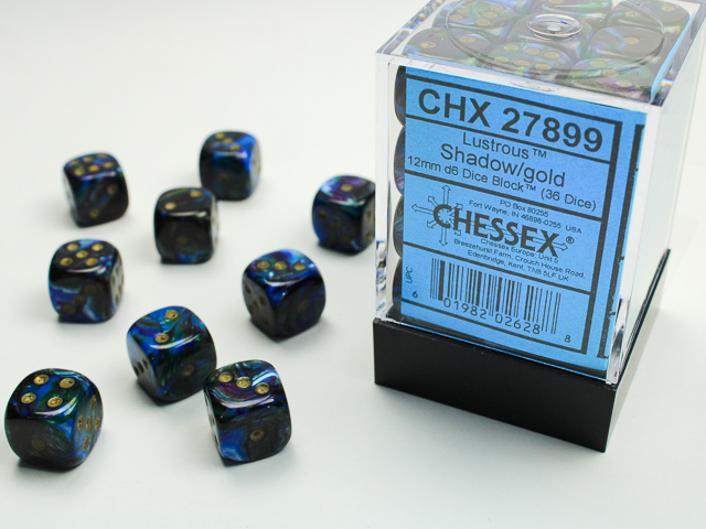 Dice: Chessex - Lustrous - 12mm D6 (x36) - Shadow/gold