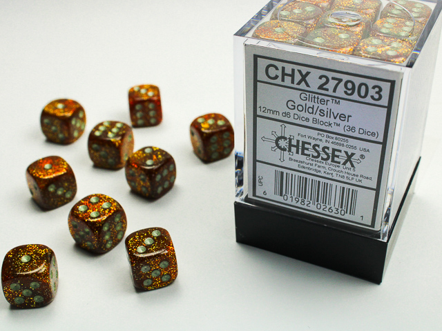 Dice: Chessex - Glitter - 12mm D6 (x36) - Gold/silver