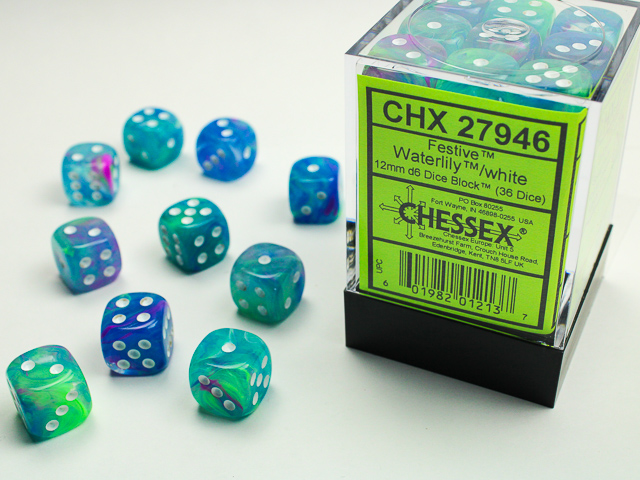 Dice: Chessex - Festive - 12mm D6 (x36) - Waterlily/white