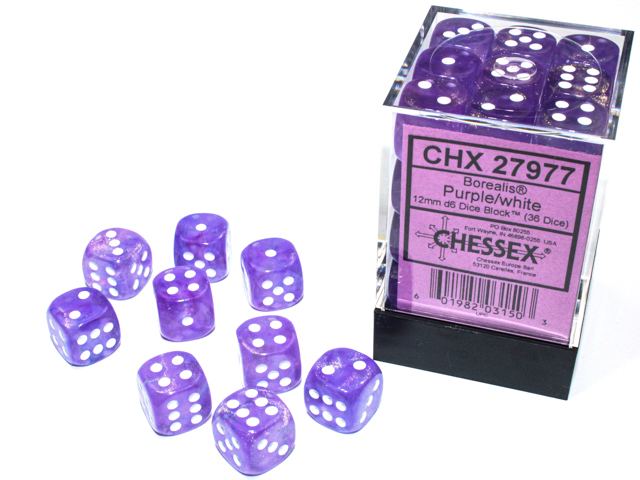 Dice: Chessex - Borealis, Luminary - 12mm D6 (x36) - Purple/white