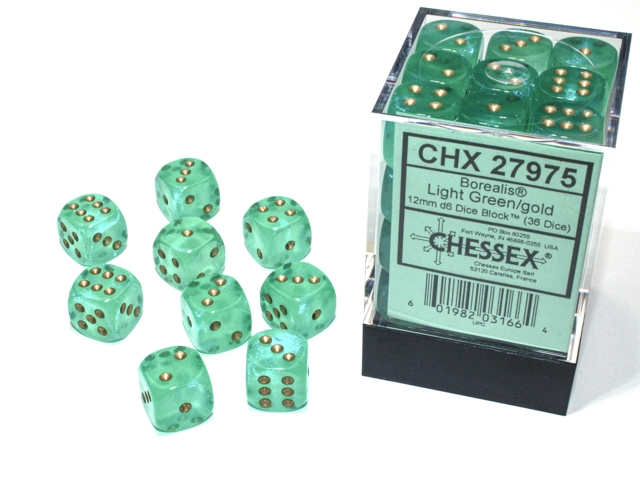 Dice: Chessex - Borealis, Luminary - 12mm D6 (x36) - Light Green/gold