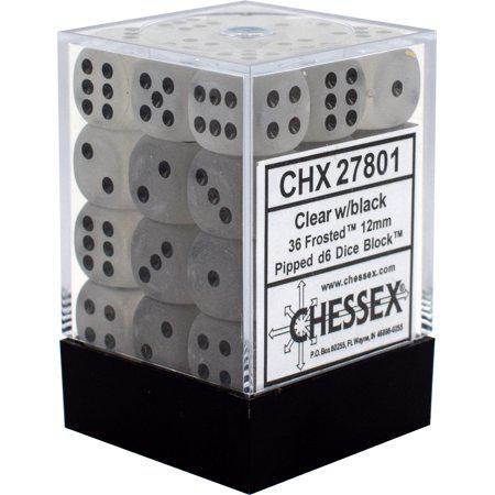 Dice: Chessex - Frosted - 12mm D6 (x36) - Clear/black