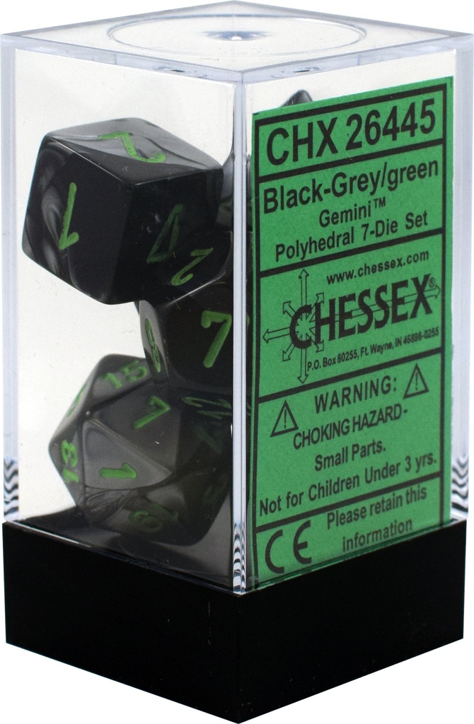 Dice: Chessex - Gemini - Poly Set (x7) - Black-Grey/Green