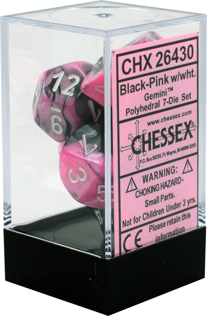 Dice: Chessex - Gemini - Poly Set (x7) - Black-Pink/White
