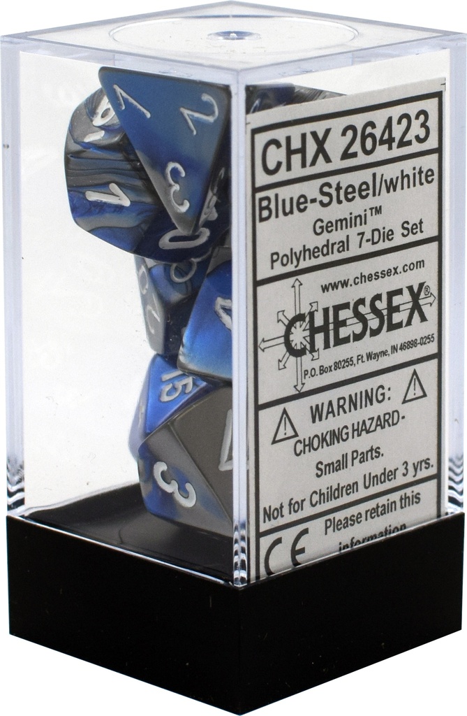 Dice: Chessex - Gemini - Poly Set (x7) - Blue-Steel/White