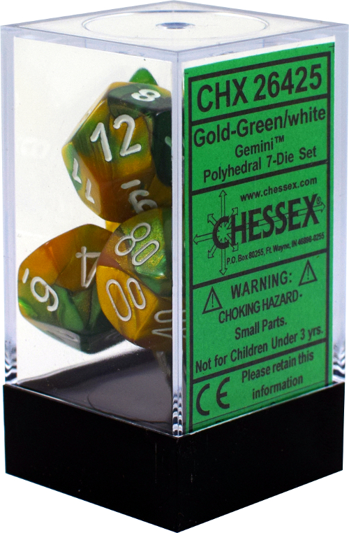 Dice: Chessex - Gemini - Poly Set (x7) - Gold-Green/White