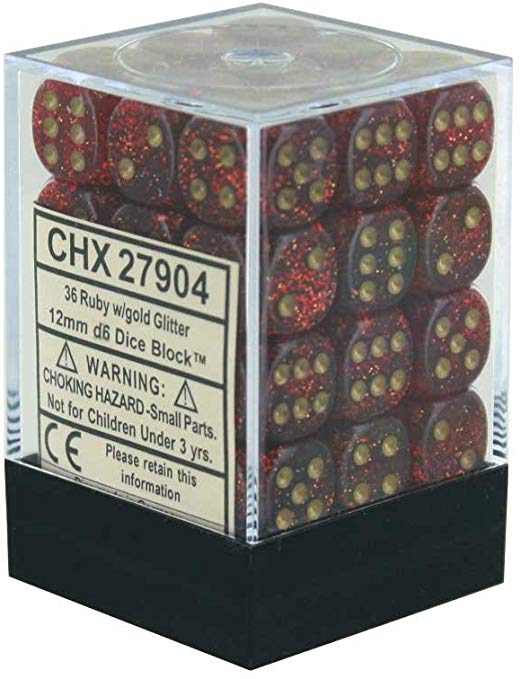 Dice: Chessex - Glitter - 12mm D6 (x36) - Ruby/gold