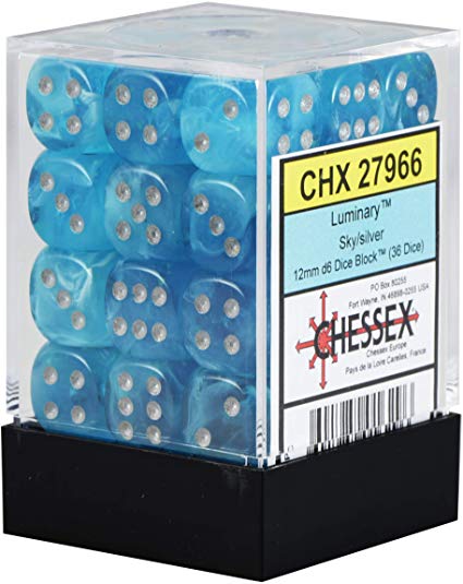 Dice: Chessex - Luminary - 12mm D6 (x36) - Sky/silver