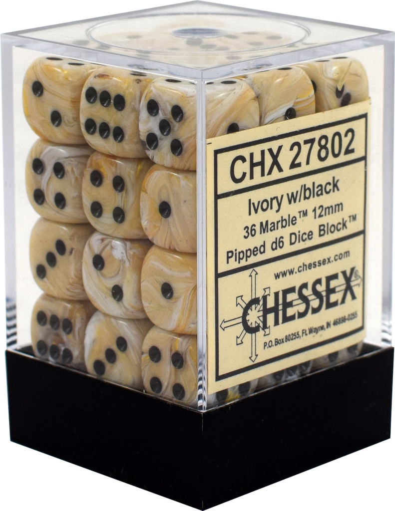 Dice: Chessex - Marble - 12mm D6 (x36) - Ivory/black