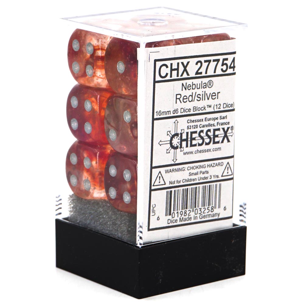 Dice: Chessex - Nebula, Luminary - 16mm D6 (x12) - Red/Silver