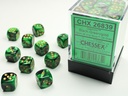 Dice: Chessex - Gemini - 12mm D6 (x36) - Black-Green/gold